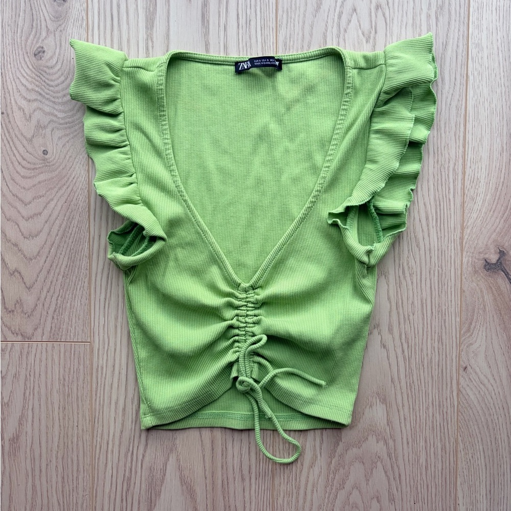 2/$10 ZARA Green Ribbed Ruffle Sleeve Ruched Drawstring Crop Top Size S
